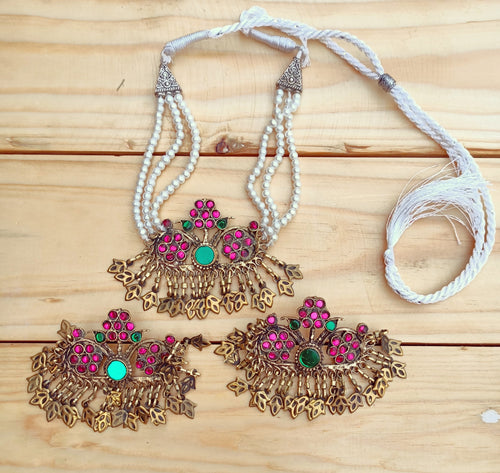 Handmade Pearl Nauratan Necklace: Tribal Ethnic Pendant, Bohemian Jewelry