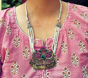 Handmade Pearl Nauratan Necklace: Tribal Ethnic Pendant, Bohemian Jewelry