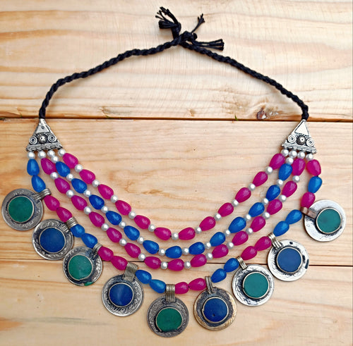 Vintage Afghan Choker Necklace: Tribal Coin Amulet, Bohemian Jewelry
