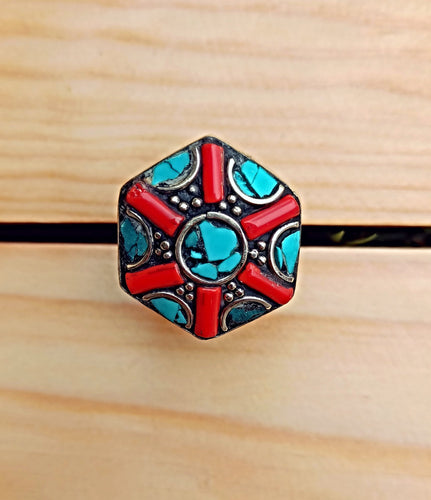 Tibetan Chakra Ring: Coral & Turquoise Silver Ring, Size 8