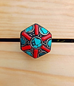 Tibetan Chakra Ring: Coral & Turquoise Silver Ring, Size 8