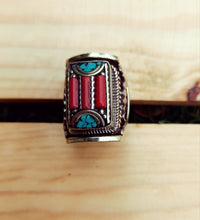 Turquoise & Coral Cocktail Ring: Tibetan Silver Brass Statement Ring - Size 8