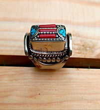 Turquoise & Coral Cocktail Ring: Tibetan Silver Brass Statement Ring - Size 8