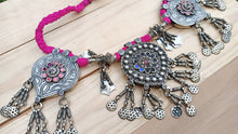 Afghan Kuchi Necklace: Pink Rope, Silver Tribal Pendant