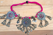 Afghan Kuchi Necklace: Pink Rope, Silver Tribal Pendant