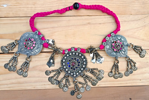 Afghan Kuchi Necklace: Pink Rope, Silver Tribal Pendant