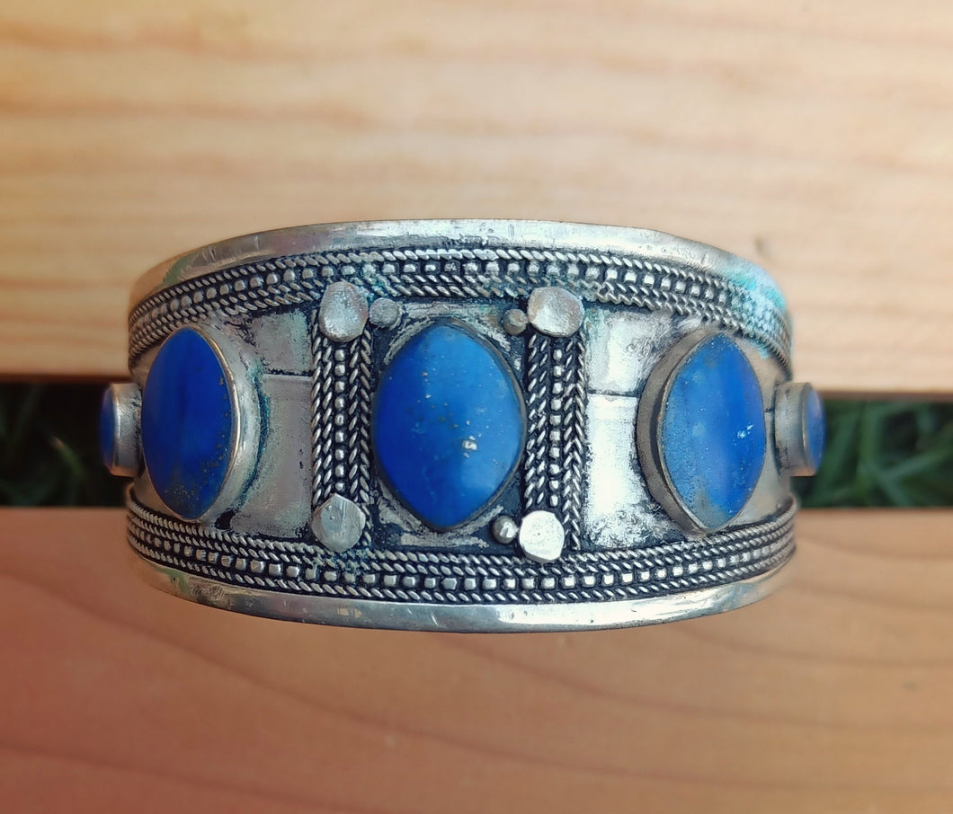 Vintage Afghan Lapis Cuff Bracelet: Tribal Stone Jewelry