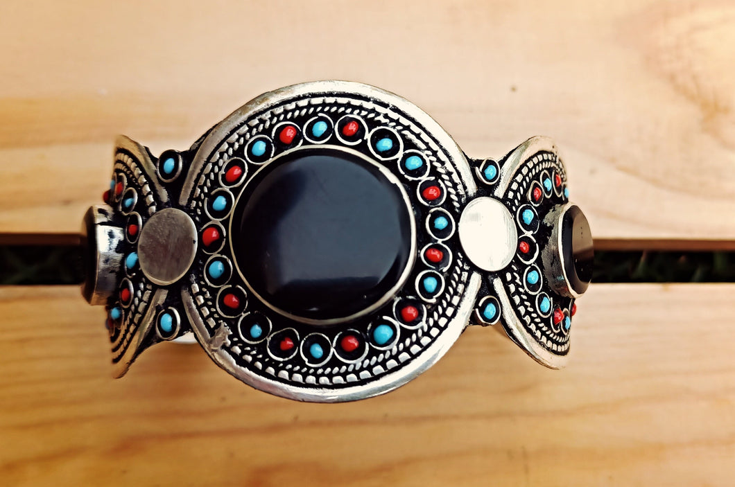 Hand Carved Afghan Cuff Bracelet: Black Agate, Ethnic Tribal Jewelry