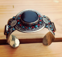 Hand Carved Afghan Cuff Bracelet: Black Agate, Ethnic Tribal Jewelry