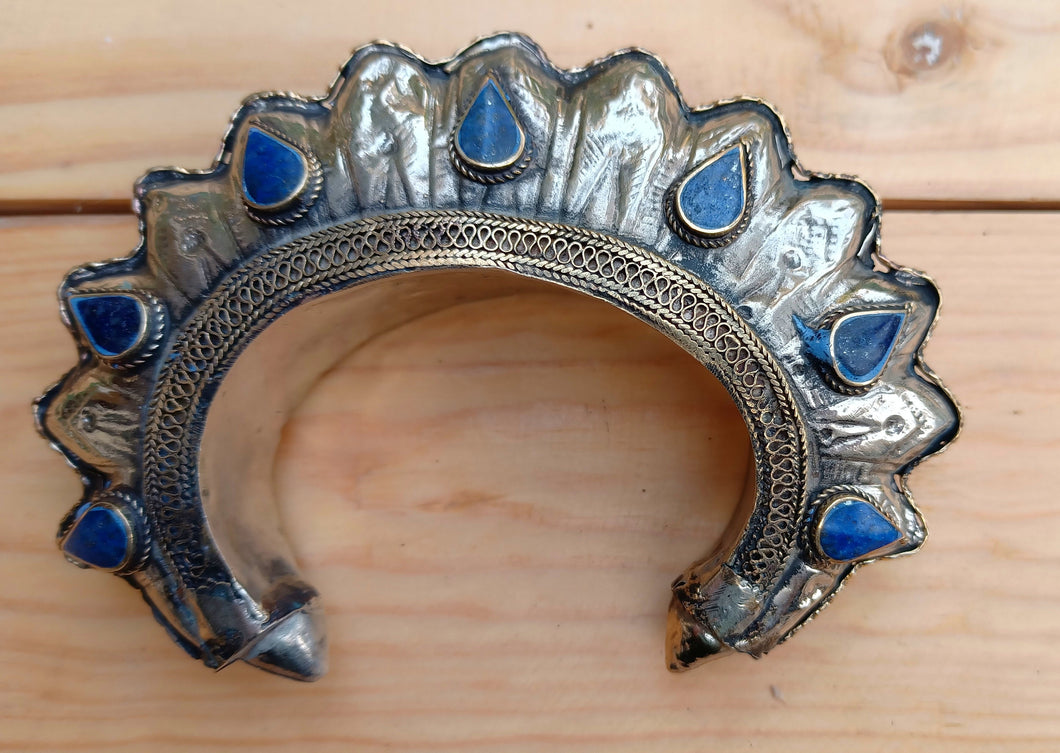 Lapis Cuff Bracelet: Antique Silver Tribal Spike Cuff