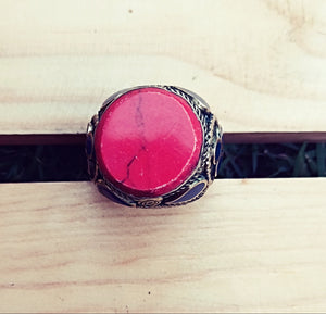 Vintage Afghan Red Coral Signet Ring - Size 8