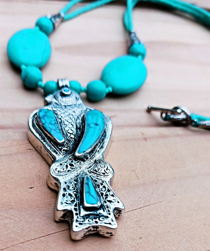 Afghan Turquoise Fish Pendant Necklace: Alpaca Silver, Ethnic Design
