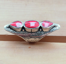 Coral Stone Ring: Afghan Kuchi Silver Saddle Ring, Size 9