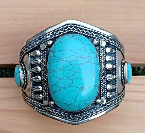 Turquoise Afghan Cuff Bracelet: Tribal Boho Statement Jewelry