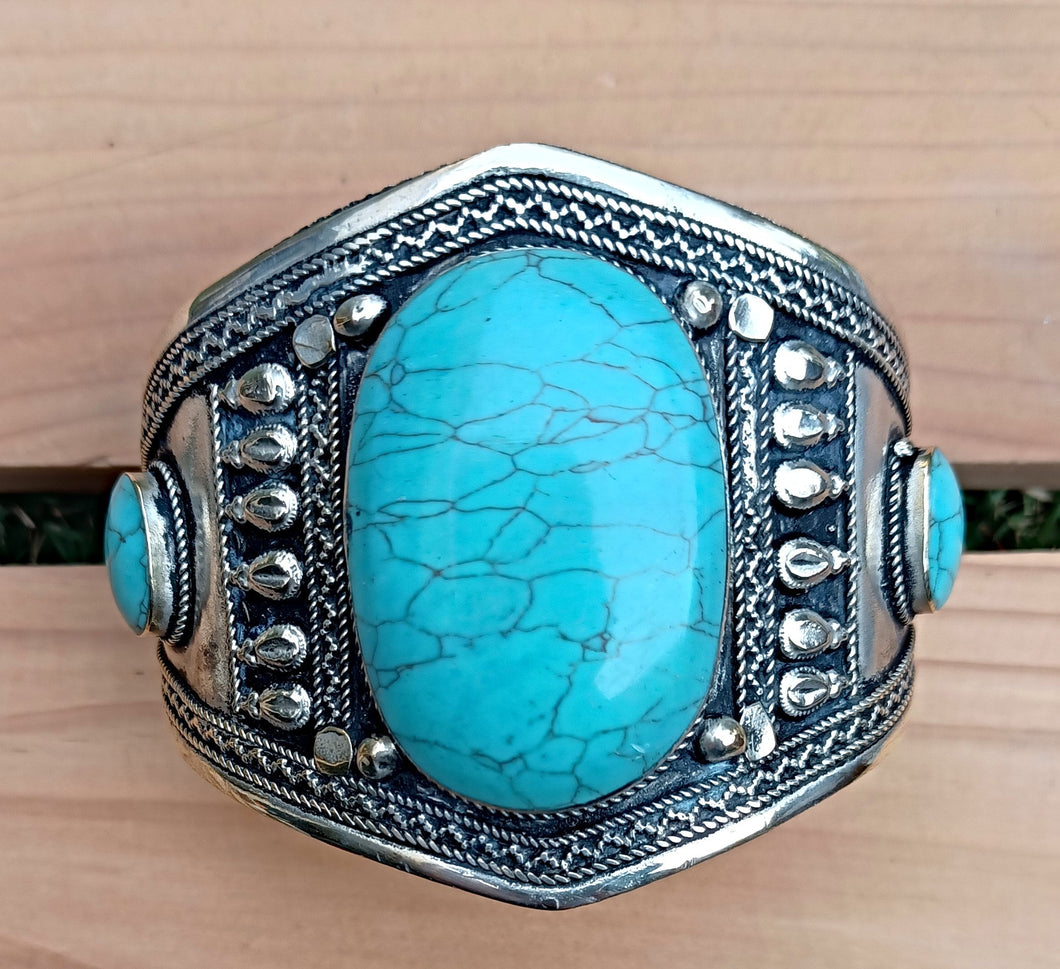 Turquoise Afghan Cuff Bracelet: Tribal Boho Statement Jewelry