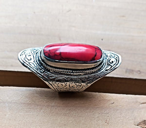 Coral Saddle Ring: Afghan Kuchi Silver Ring, Size 7.5