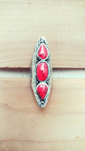 Coral Stone Ring: Afghan Kuchi Silver Saddle Ring, Size 9