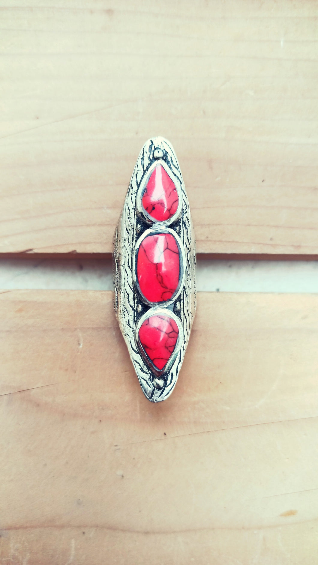 Coral Stone Ring: Afghan Kuchi Silver Saddle Ring, Size 9