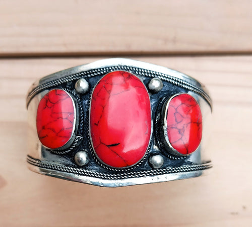 Coral Three Stone Vintage Tribal Bohemian small  Cuff Bracelet- Afghan Kuchi Jewelry