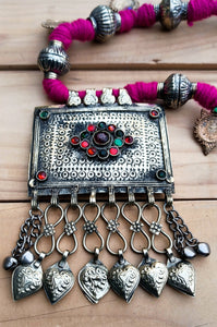 Antique Islamic Silver Amulet Necklace: Afghan Tribal Pink Boho Chain