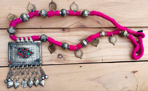 Antique Islamic Silver Amulet Necklace: Afghan Tribal Pink Boho Chain