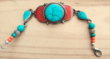Beaded Turquoise Coral and Lapis bracelet- Tibetan Silver bracelet-Orange coral and turquoise jewelry