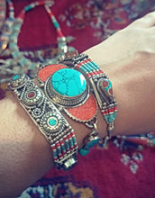 Beaded Turquoise Coral and Lapis bracelet- Tibetan Silver bracelet-Orange coral and turquoise jewelry