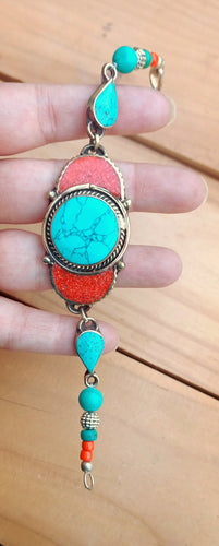Beaded Turquoise Coral and Lapis bracelet- Tibetan Silver bracelet-Orange coral and turquoise jewelry