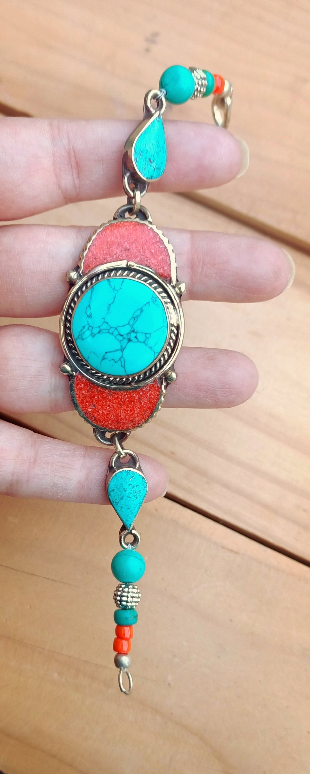 Beaded Turquoise Coral and Lapis bracelet- Tibetan Silver bracelet-Orange coral and turquoise jewelry