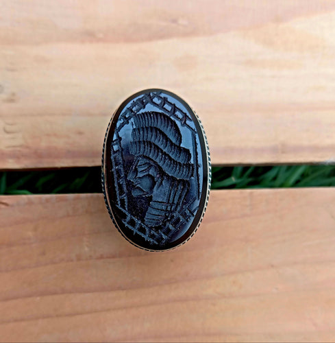Hand Carved Black Aqeeq Signet Ring: Afghan Maharaja Seal