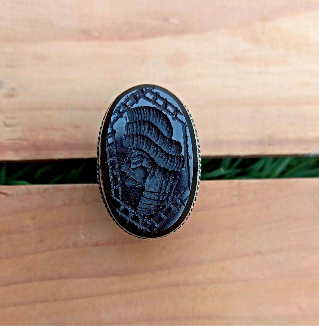 Hand Carved Black Aqeeq Signet Ring: Afghan Maharaja Seal