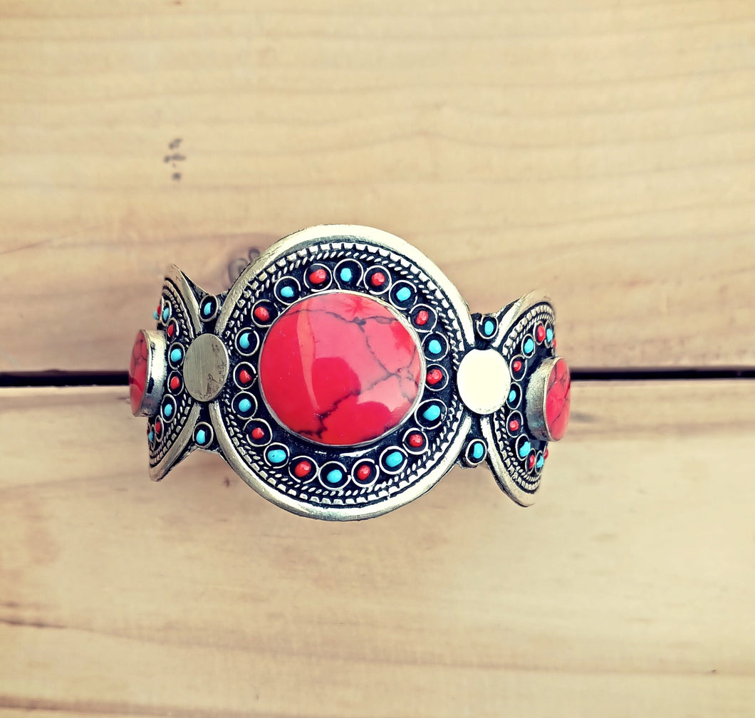 Red coral bracelet- Stacking bracelet- Adjustable afghan cuff bracelet- Bedouin jewelry- Kuchi jewelry- Afghan jewelry- Pakistani jewelry