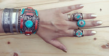 Turquoise & Coral Statement Ring: Tibetan Silver Brass Jewelry, Size 7