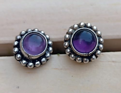 Purple Onyx Stud Earrings: Afghan Silver Coin, Boho Jewelry