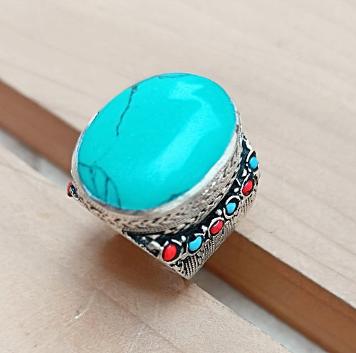 FREE Shipping Large Turquoise Ring  Afghan Souvenir Jewelry- Afghan Vintage Tribal Jewelry Ring in High Grade Silver and Turquoise Stone