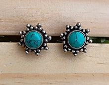 Turquoise Stud Earrings: Afghan Silver Coin, Boho Ethnic Jewelry
