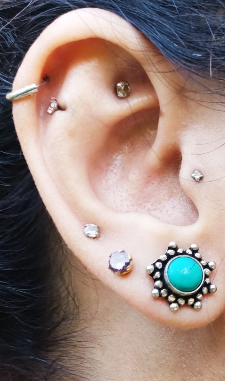 Turquoise Stud Earrings: Afghan Silver Coin, Boho Ethnic Jewelry