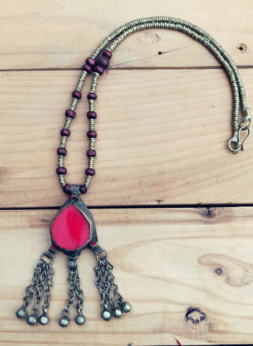 Red Coral Bib Necklace: Afghan Kuchi Tribal Pendant