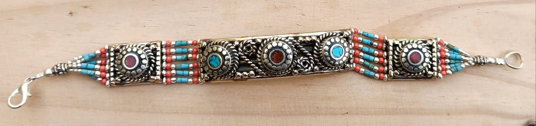 Turquoise & Lapis Beaded Bracelet: Tibetan Silver Boho Jewelry
