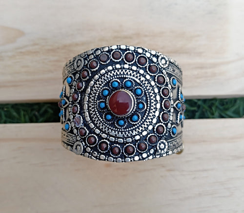 Afghan Cuff Bracelet: Turquoise, Lapis, Coral, German Silver, Tribal Jewelry