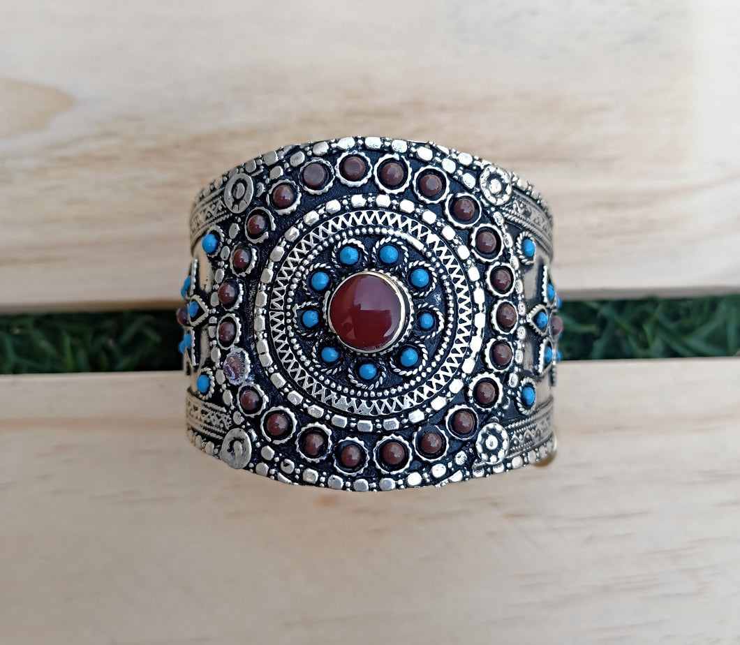 Afghan Cuff Bracelet: Turquoise, Lapis, Coral, German Silver, Tribal Jewelry