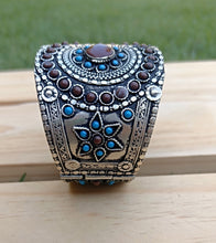 Afghan Cuff Bracelet: Turquoise, Lapis, Coral, German Silver, Tribal Jewelry