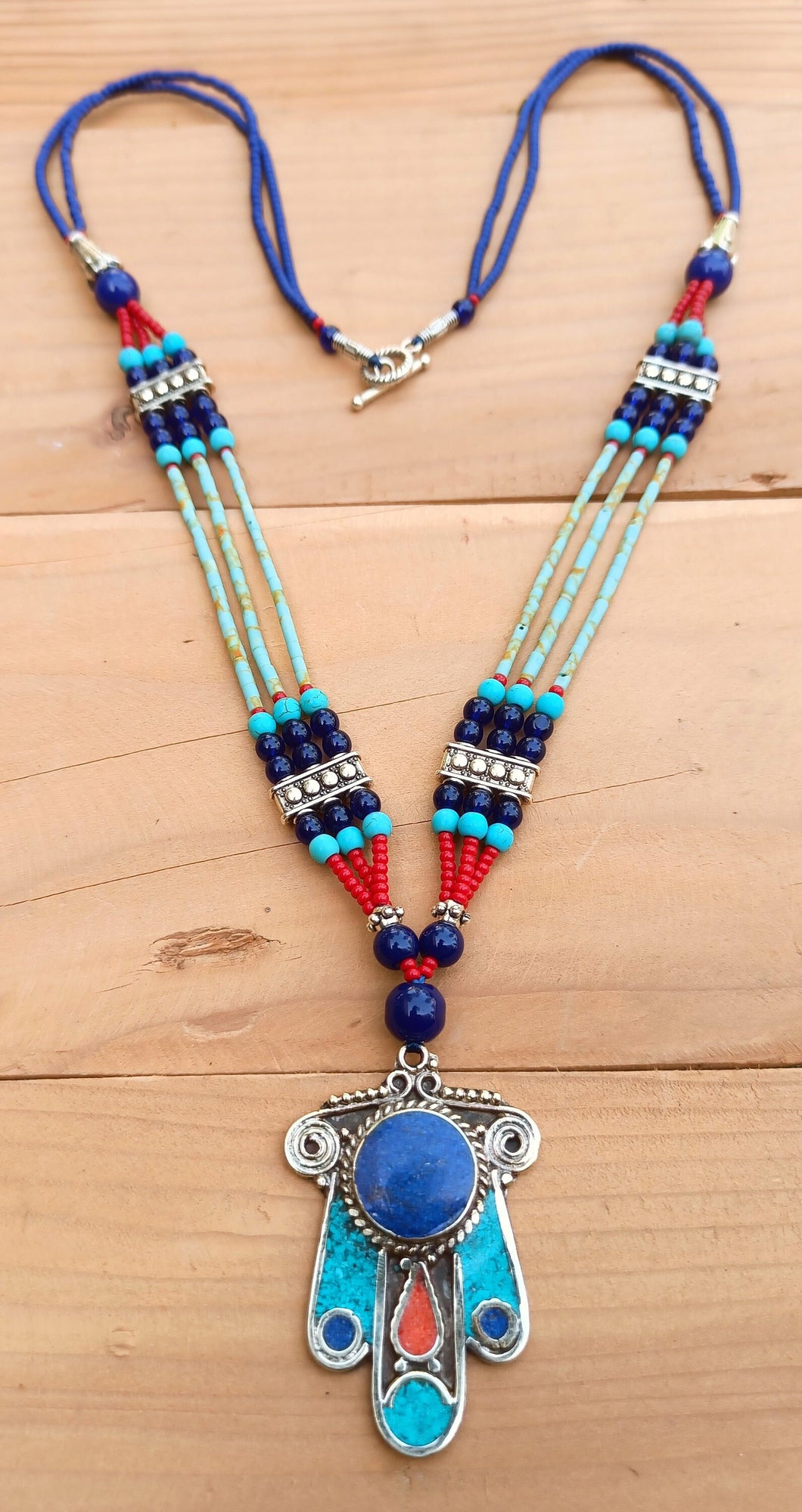 Lapis & Turquoise Hamsa Pendant Necklace - Boho Stone Jewelry