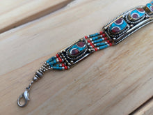 Beaded Turquoise Coral and Lapis bracelet- Tibetan Silver bracelet-
