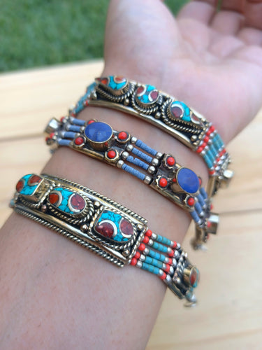 Beaded Turquoise Coral and Lapis bracelet- Tibetan Silver bracelet-