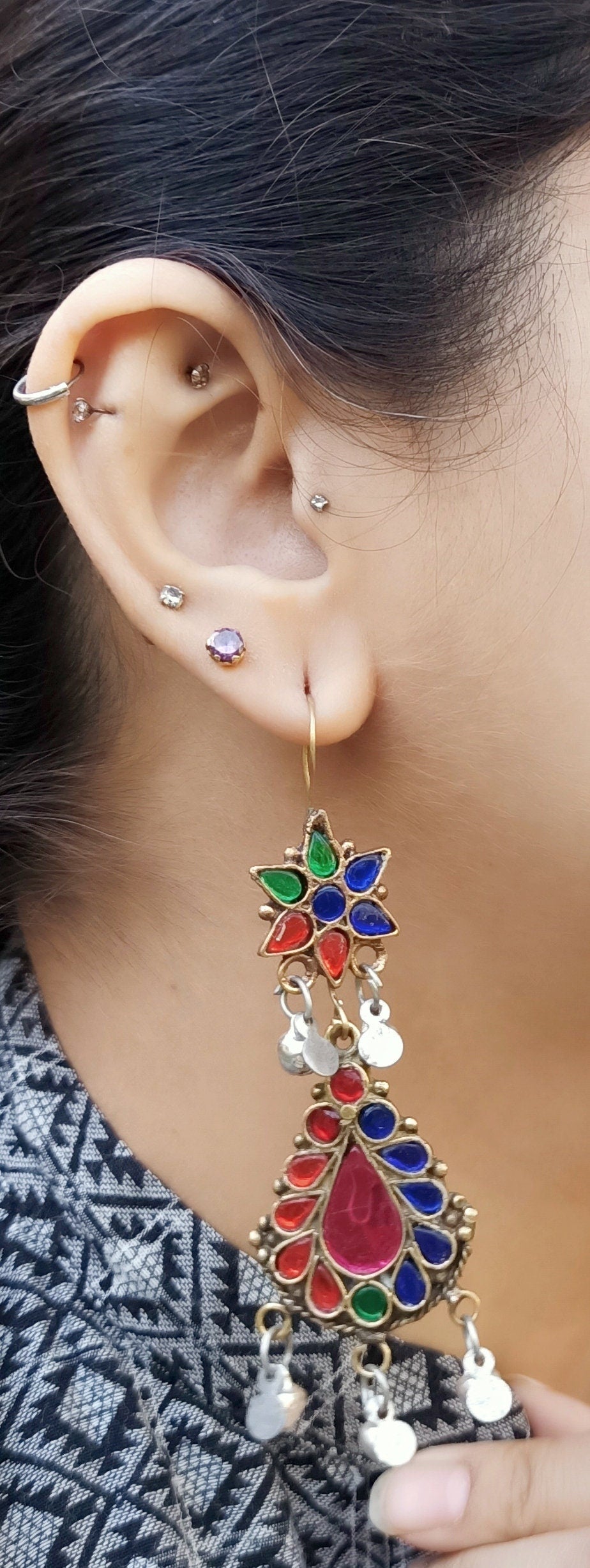 Afghan Kuchi Earrings: Tribal Bohemian Jewelry with Colorful Glass