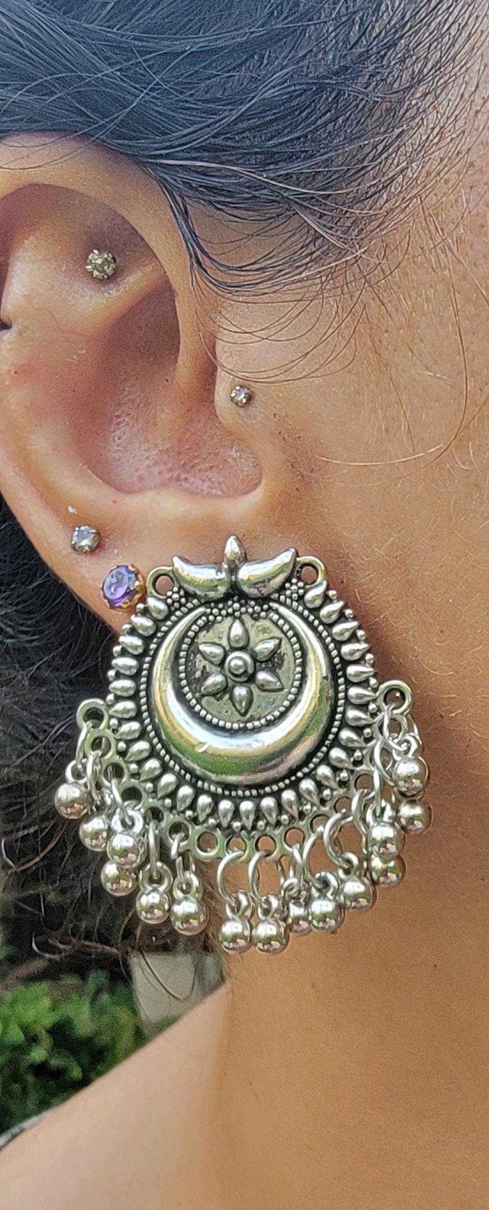Ornate Tribal Hoop Earrings: Antique Finish Silver Tone Jewelry