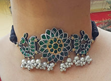 Vintage Emerald Green Choker Necklace: Silver, Pearl, Ethnic Statement Jewelry