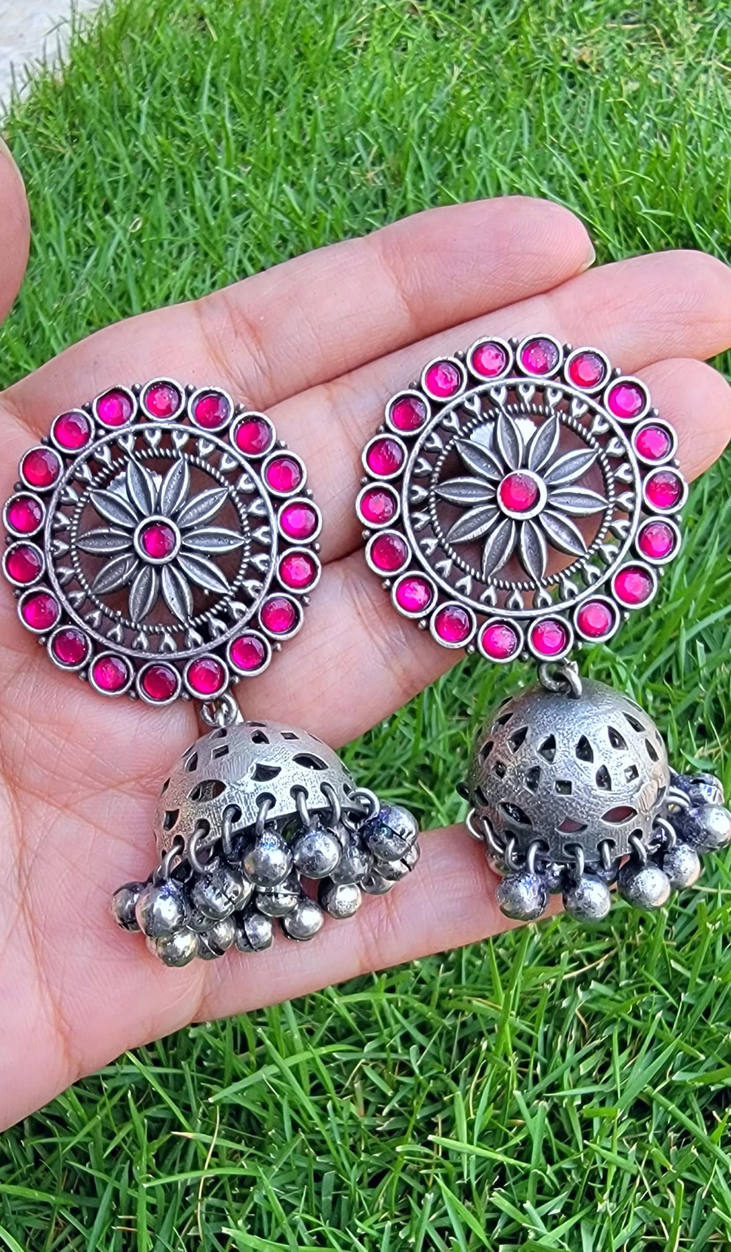 Stone Studded Dangle Earrings: Sterling Silver Kundan Jhumka Style