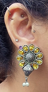 Kundan Sterling Silver Dangle Earrings: Yellow Stone Studded